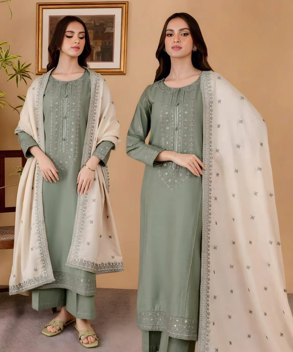 BATIK - 3PC DHANAK EMBROIDERED SHIRT WITH DHANAK EMBROIDERED SHAWL AND TROUSER - HZG1479