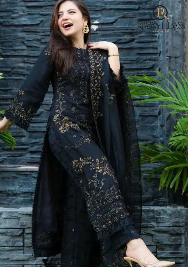 Khaadi Black Linen 3PC Embroidered